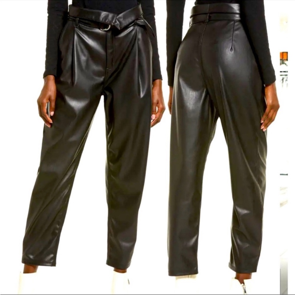 Open Edit Tapered Leg Fold Over Waist Faux Leather Pants,Black,Medium